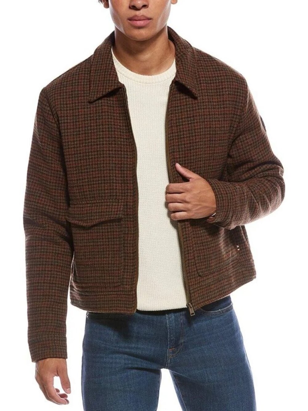 Hunter Houndstooth Bomber Jacket Men's Large Brown Plaid Wool Blend Cabincore